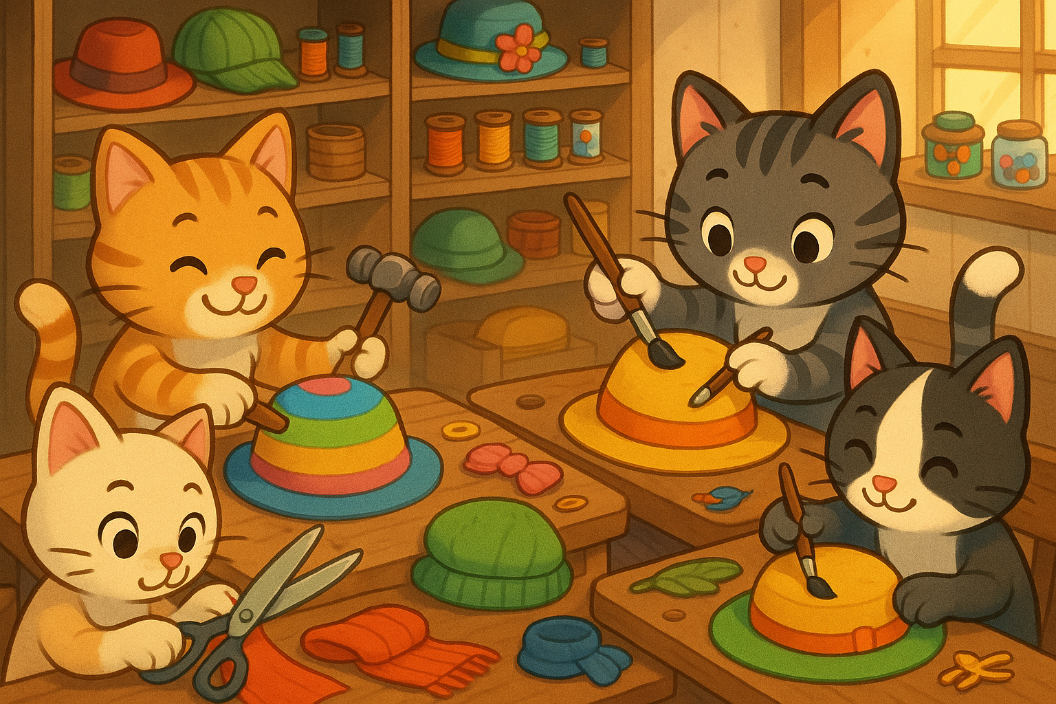 some cats crafting hats , accessories with hammer brush, scissors. cartoon style 